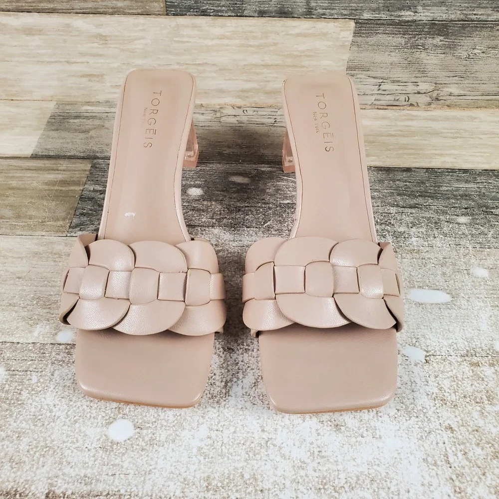 Torgeis‎ New York Ela Womens Slide Sandals Sz 6.5 Baige Faux Leather Block Heel